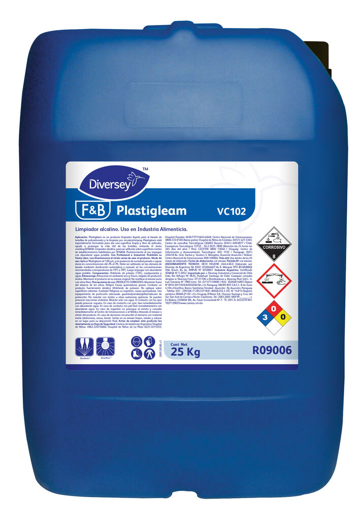 PLASTIGLEAM VC102 25kg - DETERGENTE LÍQUIDO ALCALINO INHIBIDO PARA LAVADO DE BOTELLONES DE POLICARBONATO